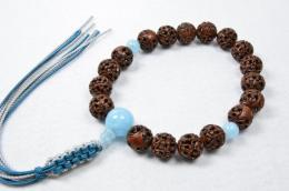 印度虎眼菩提樹　羅漢彫18玉アクアマリン仕立て